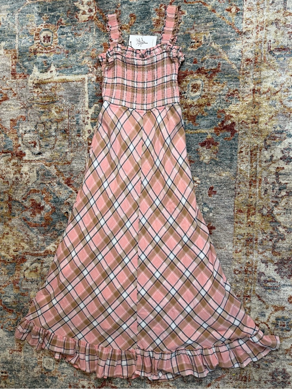 sundays Pink Plaid Ruffle Maxi Dress